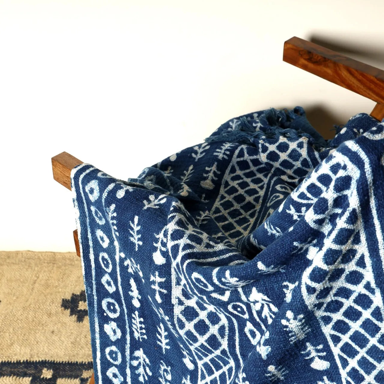 Sanwariya Rugs Cotton Throw Blanket, Indigo Botanical 50 x 70 Inch