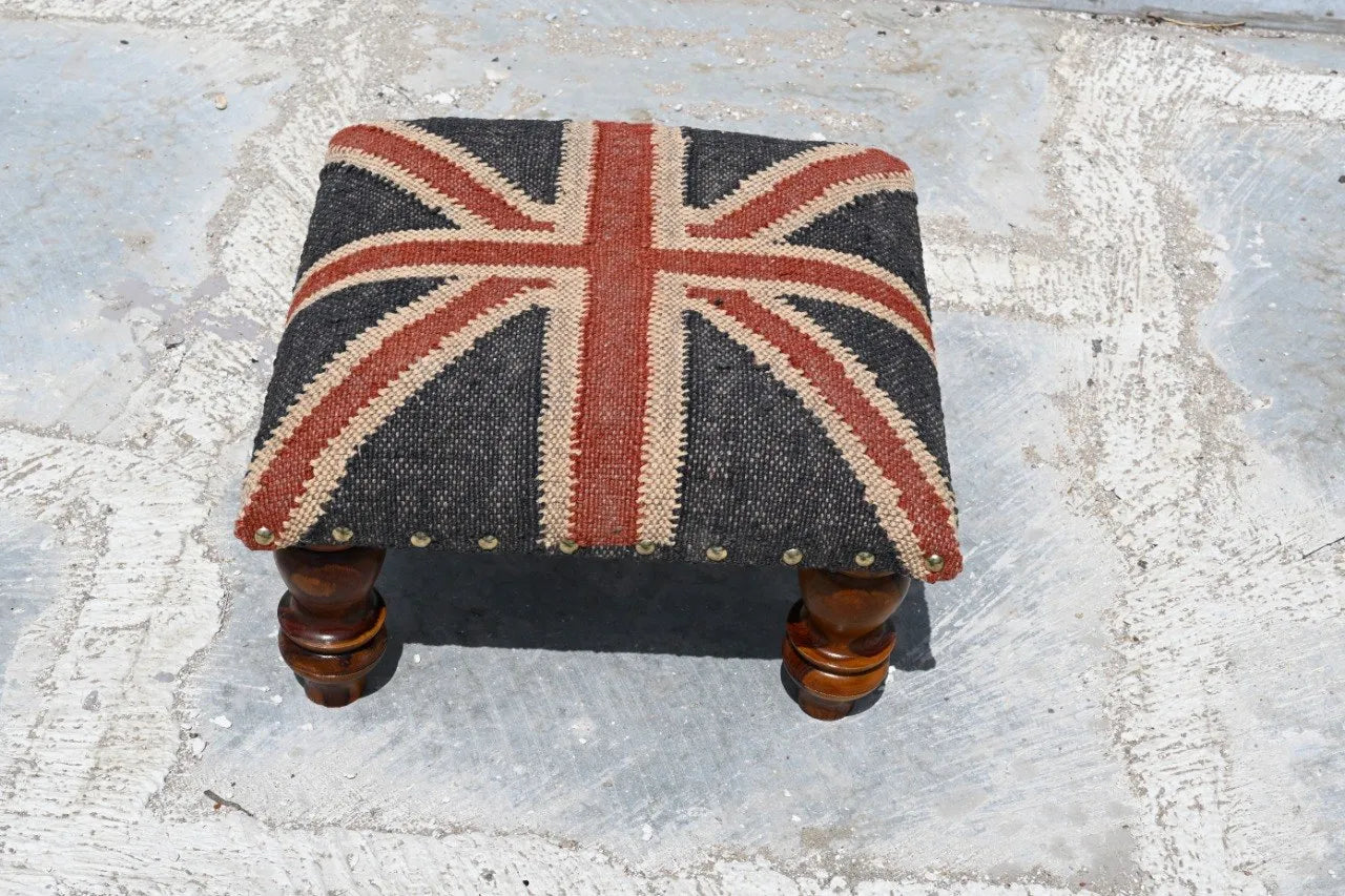 Handmade Union Jack Kilim Ottoman Footstool | Wool Jute Upholstered British Flag Pouf Stool with Solid Wooden Legs for Living Room