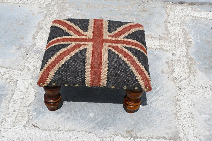 Handmade Union Jack Kilim Ottoman Footstool | Wool Jute Upholstered British Flag Pouf Stool with Solid Wooden Legs for Living Room