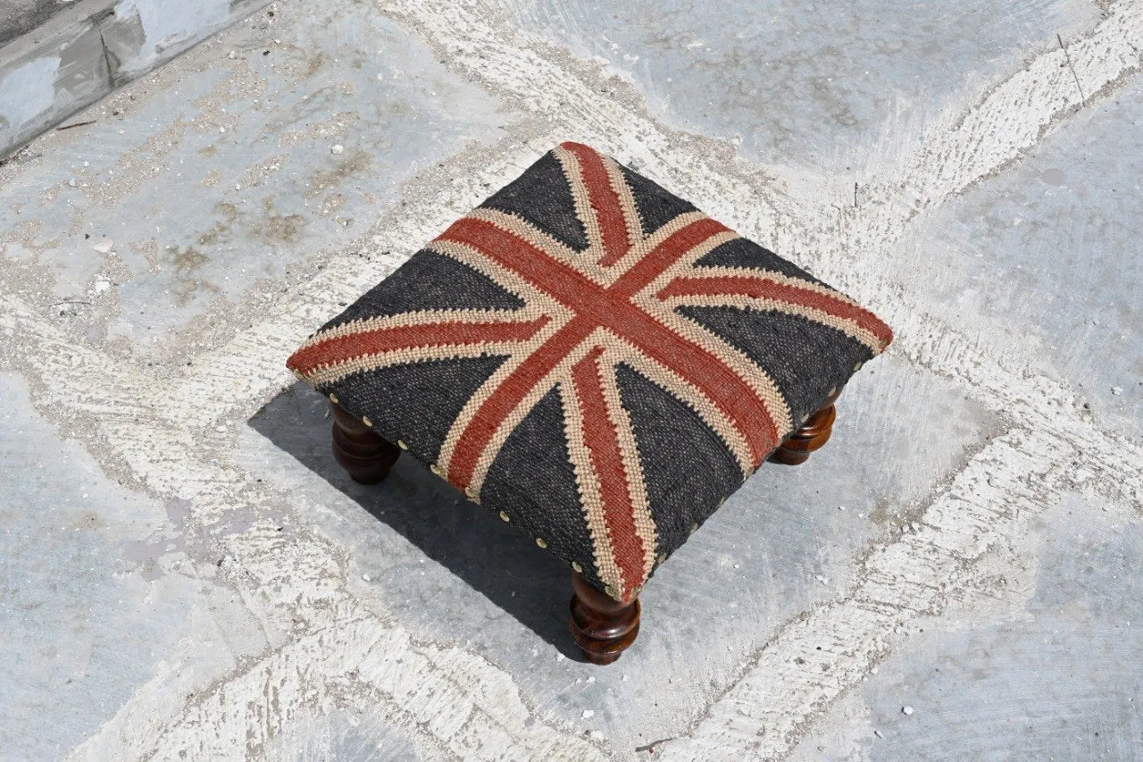 Handmade Union Jack Kilim Ottoman Footstool | Wool Jute Upholstered British Flag Pouf Stool with Solid Wooden Legs for Living Room