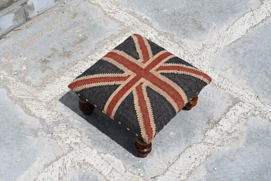 Handmade Union Jack Kilim Ottoman Footstool | Wool Jute Upholstered British Flag Pouf Stool with Solid Wooden Legs for Living Room