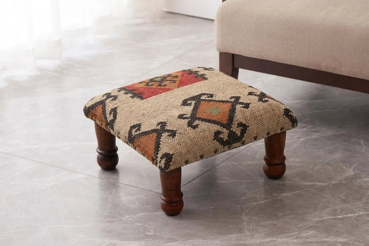 Handmade Tribal Kilim Ottoman Footstool | Wool Jute Upholstered Accent Stool with Rustic Geometric Pattern & Solid Wooden Legs