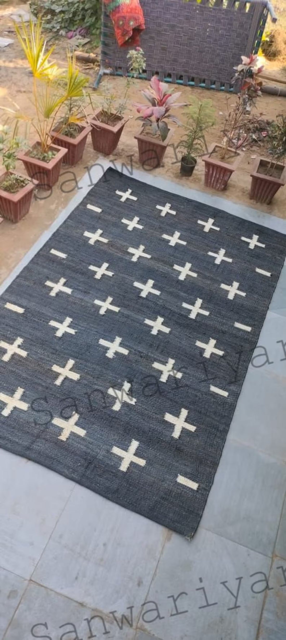 Handwoven Black Jute Area Rug – Plus Cross Design