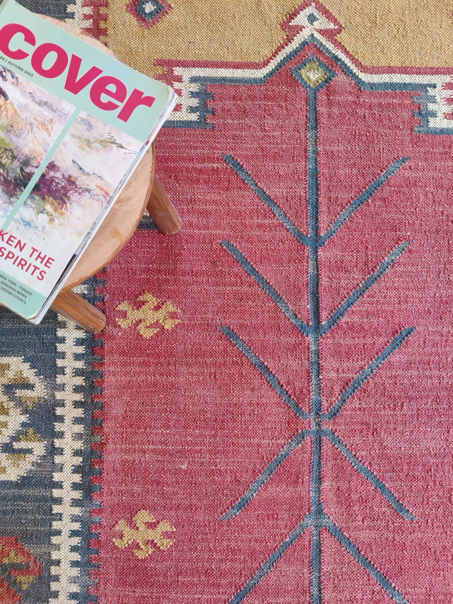 Traditional Rajasthani Wool Jute Kilim Rug – Handwoven Tribal Geometric Pattern in Rust, Mustard & Indigo