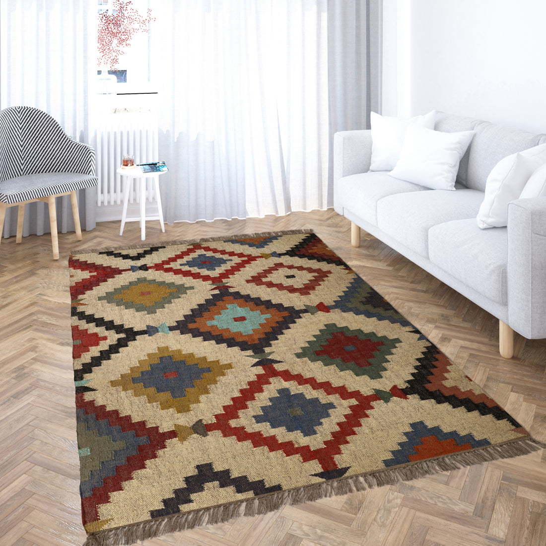 Multicolor Kilim Wool Jute Rug – Tribal Geometric Style
