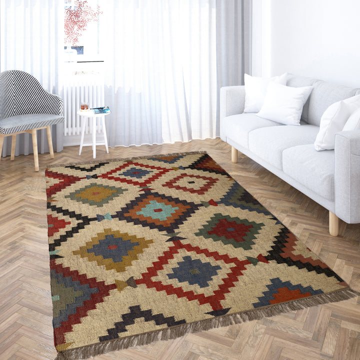 Multicolor Kilim Wool Jute Rug – Tribal Geometric Style