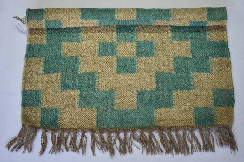 Handmade Teal Wool Jute Area Rug – Geometric Kilim Flatweave Rug with Fringe, Natural Beige Boho Decor