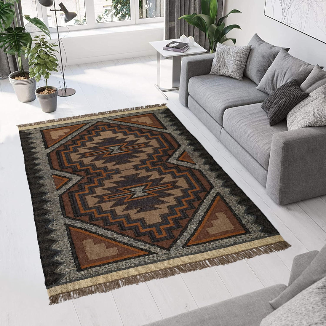 Qilim prej leshi kilim të punuar me dorë me model gjeometrik, që nuk rrëshqet, i gjithanshëm për dhomën e ndenjes, dhomën e gjumit dhe dhomën e fëmijëve