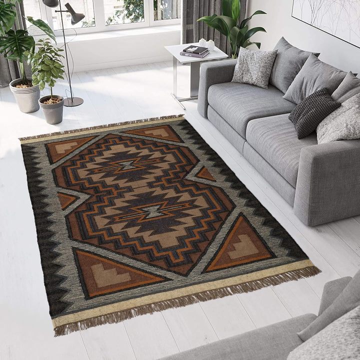 Handwoven Kilim Wool Jute Rug Geometric Pattern, Non-Slip, Versatile for Living, Bedroom & Kids Room