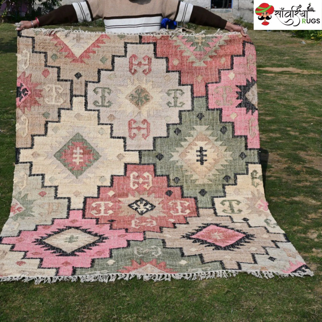 Handwoven Wool Jute Tribal Geometric Dhurrie Rug