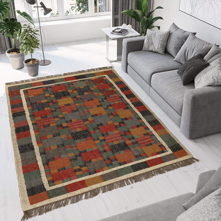 Handwoven Kilim Wool Jute Rug Geometric Pattern, Non-Slip, Versatile for Living, Bedroom & Kids Room