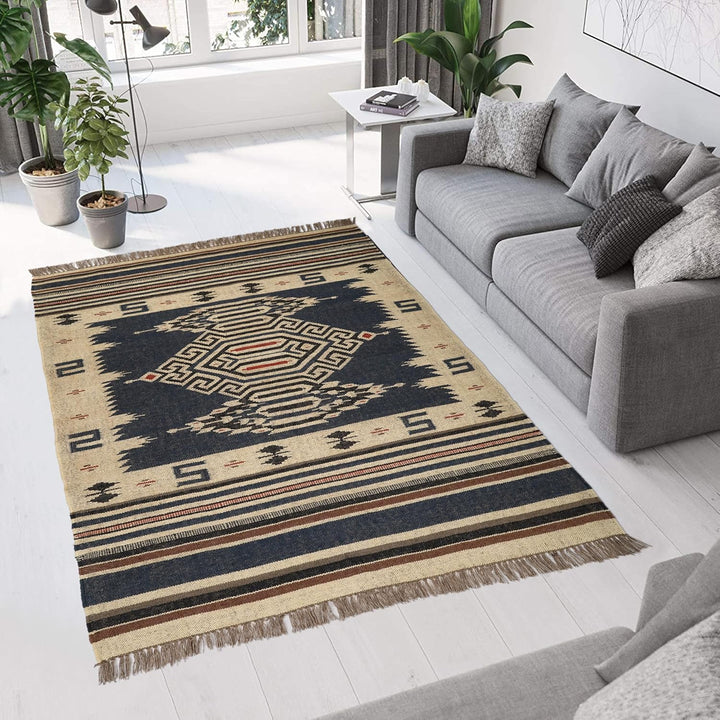 Handwoven Kilim Wool Jute Rug Geometric Pattern, Non-Slip, Versatile for Living, Bedroom & Kids Room