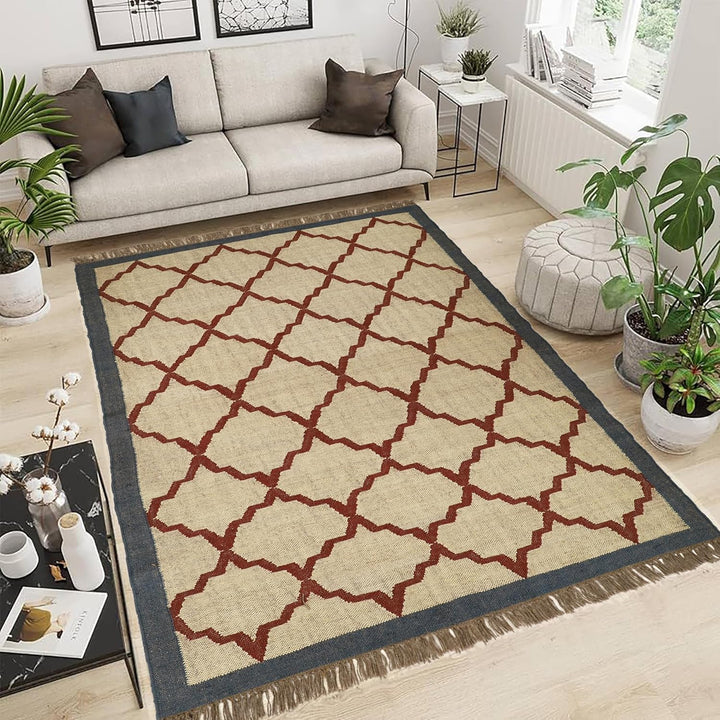Handwoven Kilim Wool Jute Rug Geometric Pattern, Non-Slip, Versatile for Living, Bedroom & Kids Room
