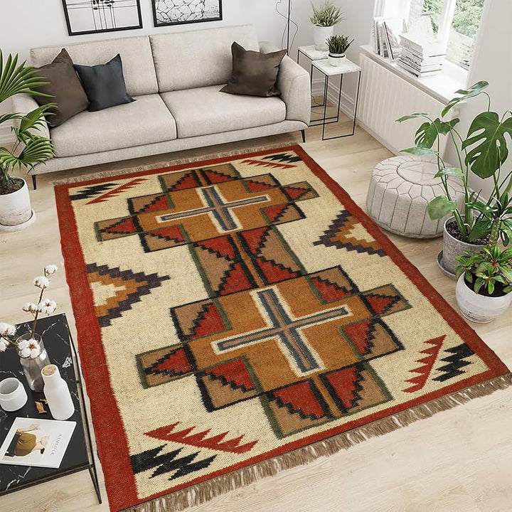 Handwoven Kilim Wool Jute Rug Geometric Pattern, Non-Slip, Versatile for Living, Bedroom & Kids Room