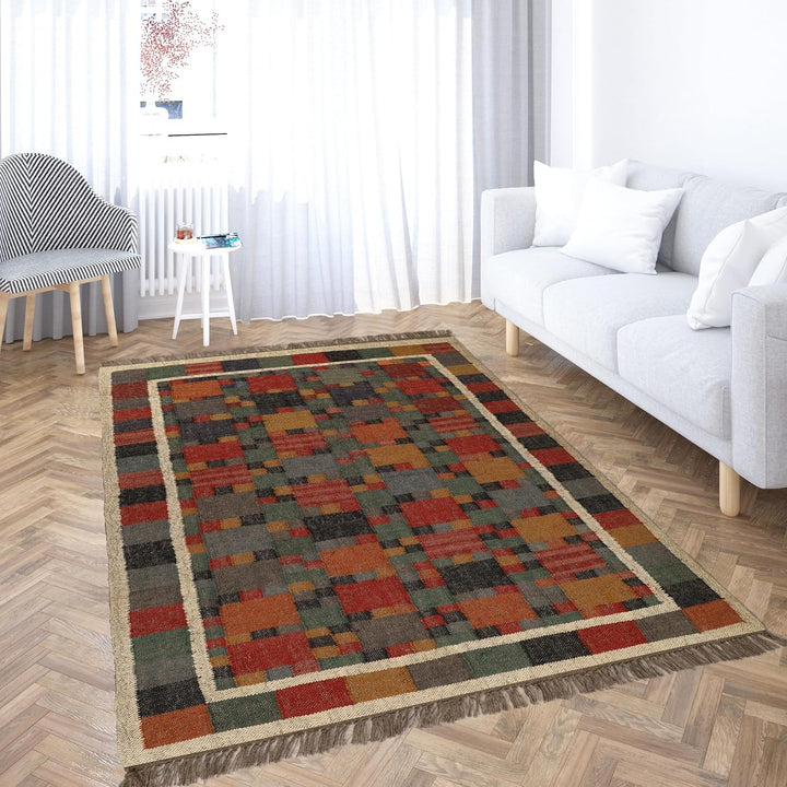 Handwoven Kilim Wool Jute Rug Geometric Pattern, Non-Slip, Versatile for Living, Bedroom & Kids Room