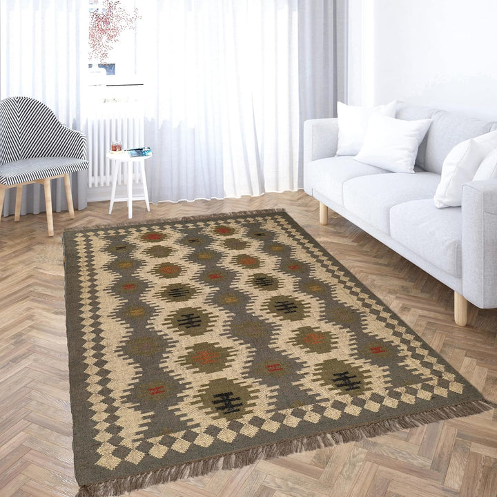 Handwoven Kilim Wool Jute Rug Geometric Pattern, Non-Slip, Versatile for Living, Bedroom & Kids Room