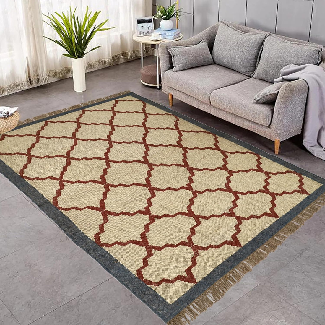 Handwoven Kilim Wool Jute Rug Geometric Pattern, Non-Slip, Versatile for Living, Bedroom & Kids Room