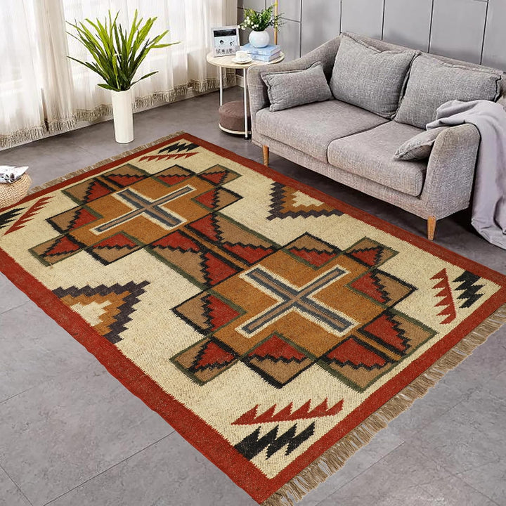 Handwoven Kilim Wool Jute Rug Geometric Pattern, Non-Slip, Versatile for Living, Bedroom & Kids Room