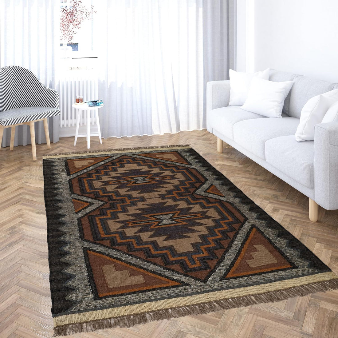 Qilim prej leshi kilim të punuar me dorë me model gjeometrik, që nuk rrëshqet, i gjithanshëm për dhomën e ndenjes, dhomën e gjumit dhe dhomën e fëmijëve