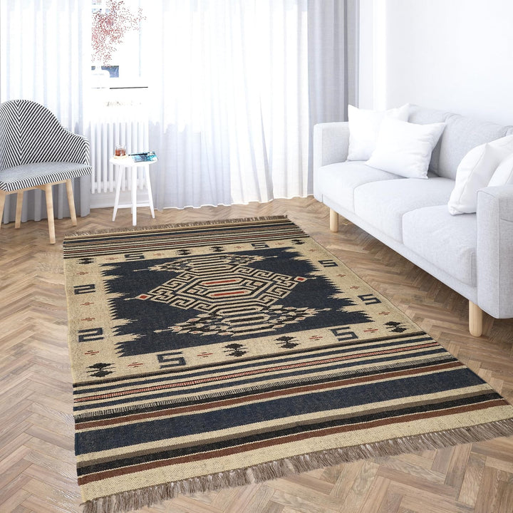 Handwoven Kilim Wool Jute Rug Geometric Pattern, Non-Slip, Versatile for Living, Bedroom & Kids Room