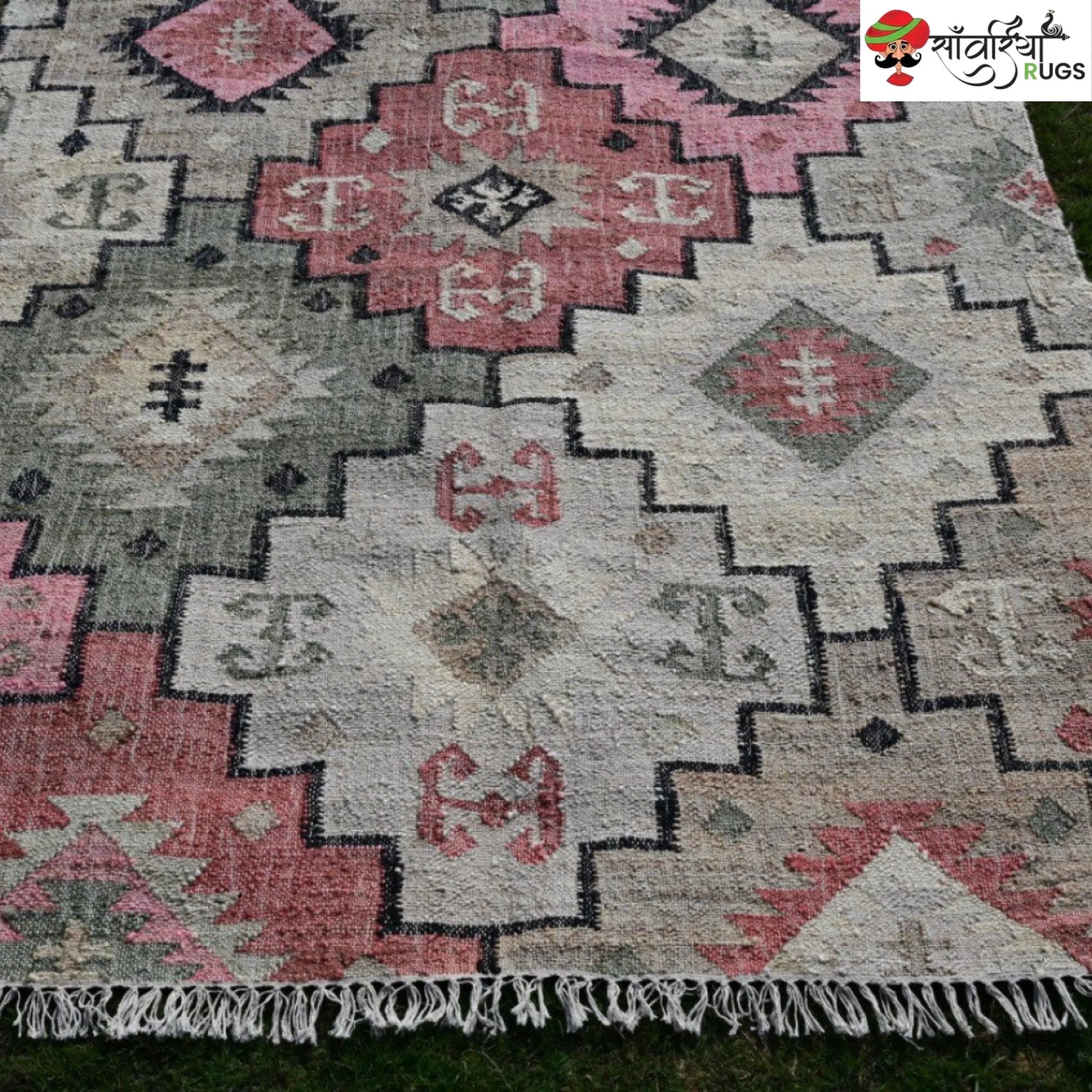 Handwoven Wool Jute Tribal Geometric Dhurrie Rug