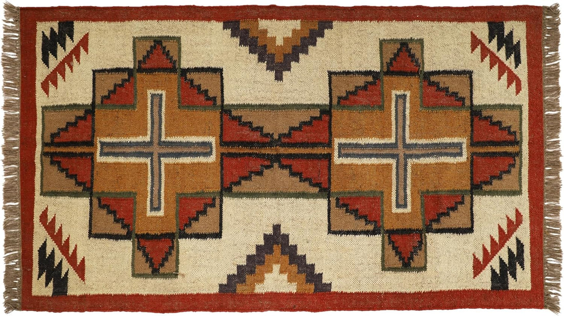 Handwoven Kilim Wool Jute Rug Geometric Pattern, Non-Slip, Versatile for Living, Bedroom & Kids Room