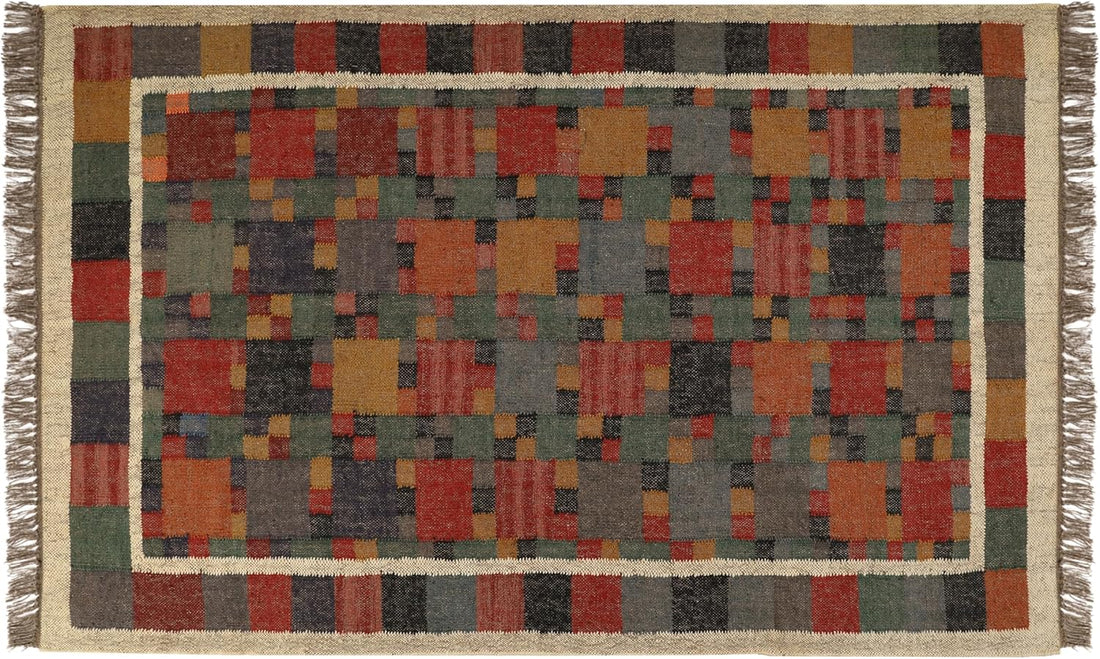 Handwoven Kilim Wool Jute Rug Geometric Pattern, Non-Slip, Versatile for Living, Bedroom & Kids Room