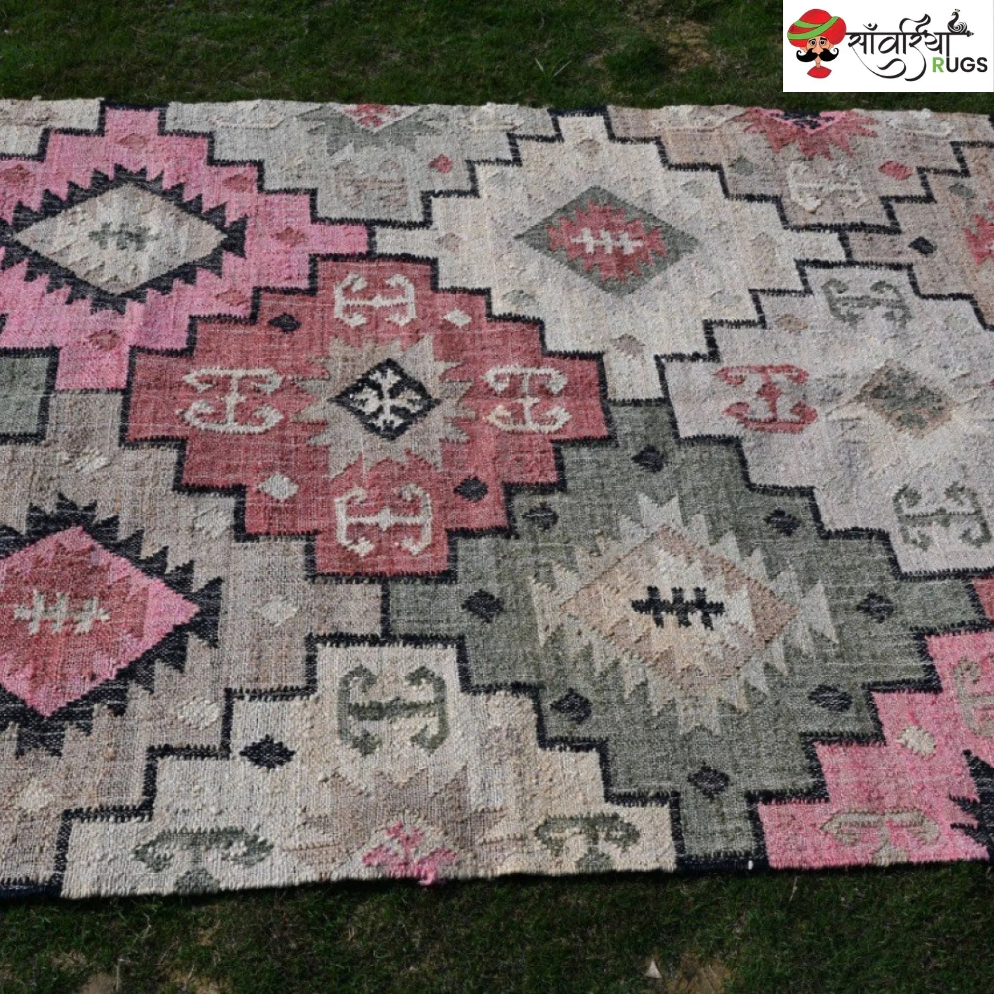 Handwoven Wool Jute Tribal Geometric Dhurrie Rug