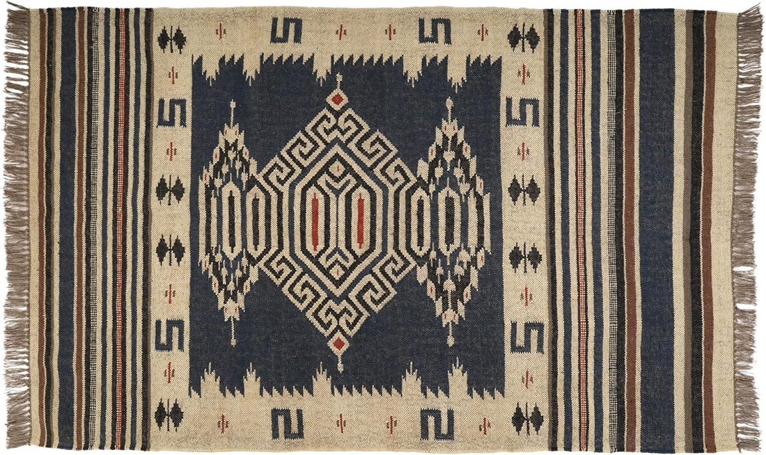 Handwoven Kilim Wool Jute Rug Geometric Pattern, Non-Slip, Versatile for Living, Bedroom & Kids Room