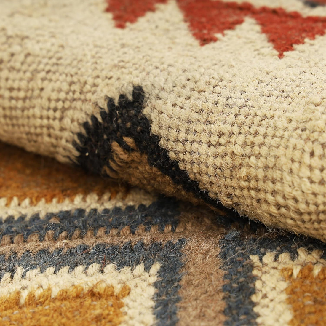 Handwoven Kilim Wool Jute Rug Geometric Pattern, Non-Slip, Versatile for Living, Bedroom & Kids Room