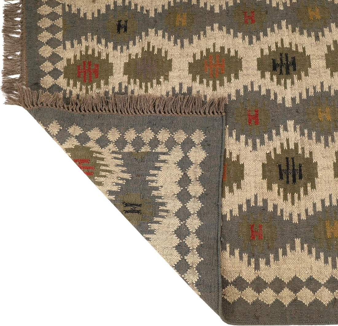 Handwoven Kilim Wool Jute Rug Geometric Pattern, Non-Slip, Versatile for Living, Bedroom & Kids Room