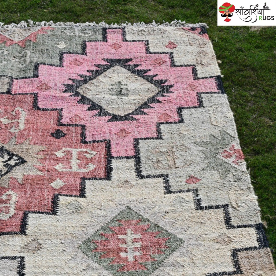 Handwoven Wool Jute Tribal Geometric Dhurrie Rug