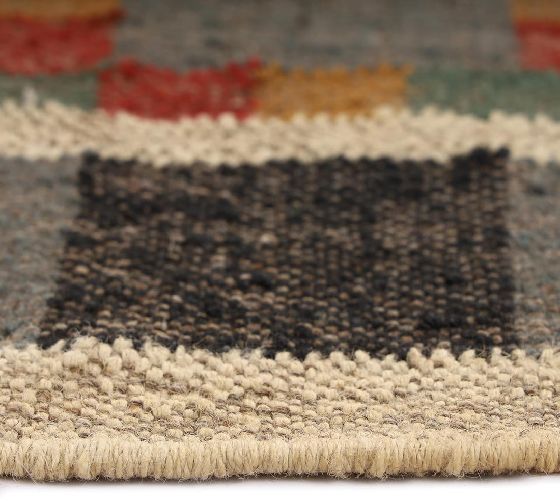 Handwoven Kilim Wool Jute Rug Geometric Pattern, Non-Slip, Versatile for Living, Bedroom & Kids Room
