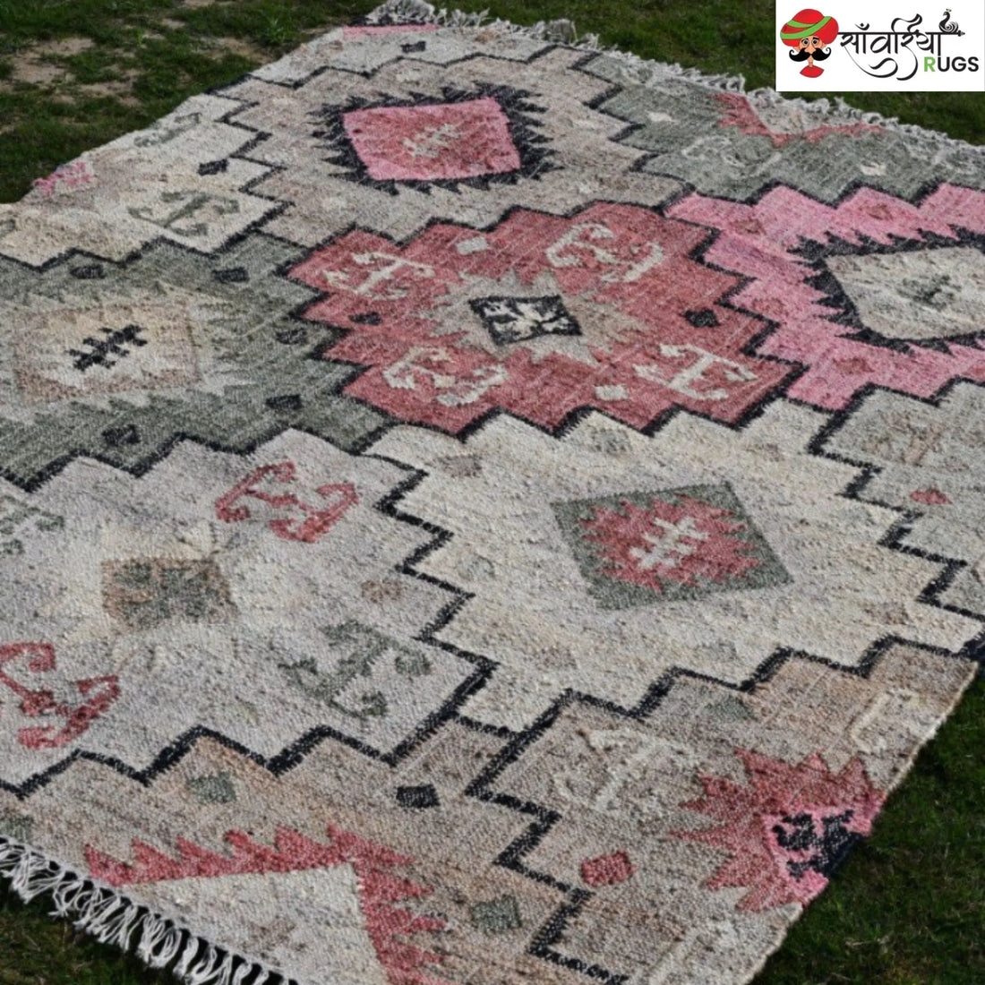 Handwoven Wool Jute Tribal Geometric Dhurrie Rug