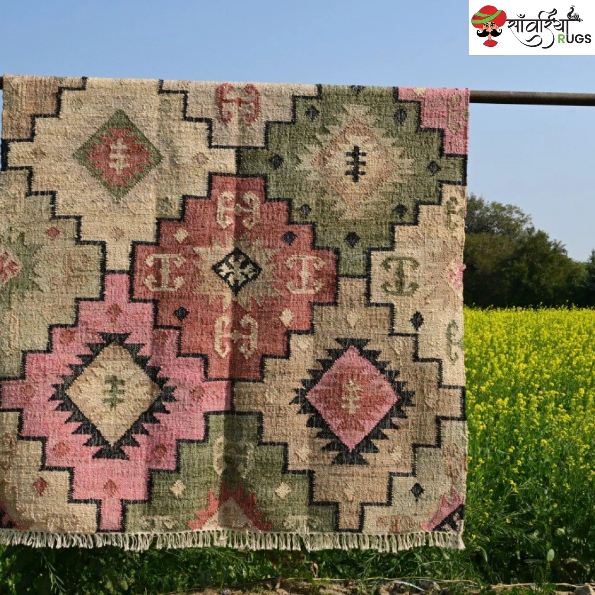 Handwoven Wool Jute Tribal Geometric Dhurrie Rug