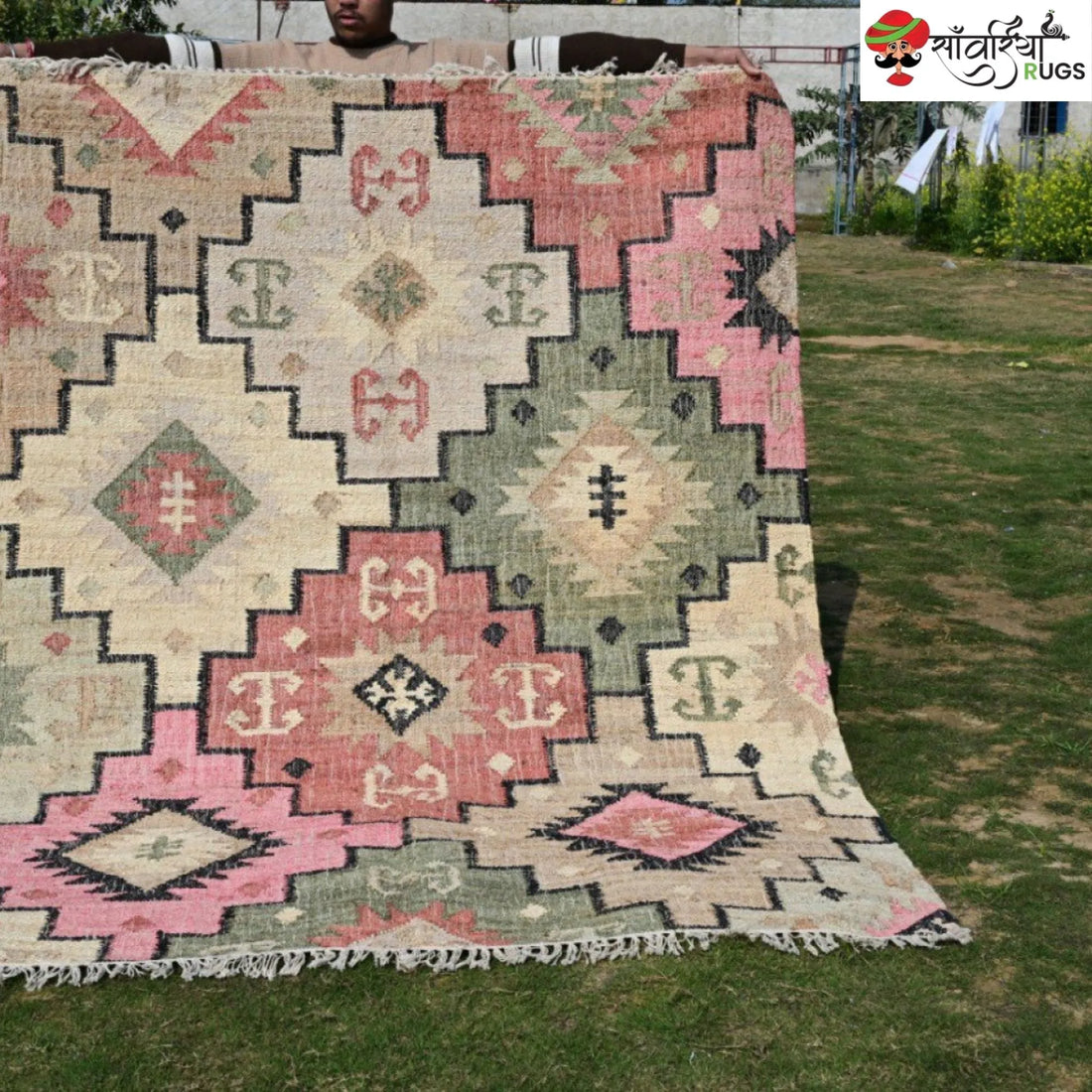 Handwoven Wool Jute Tribal Geometric Dhurrie Rug