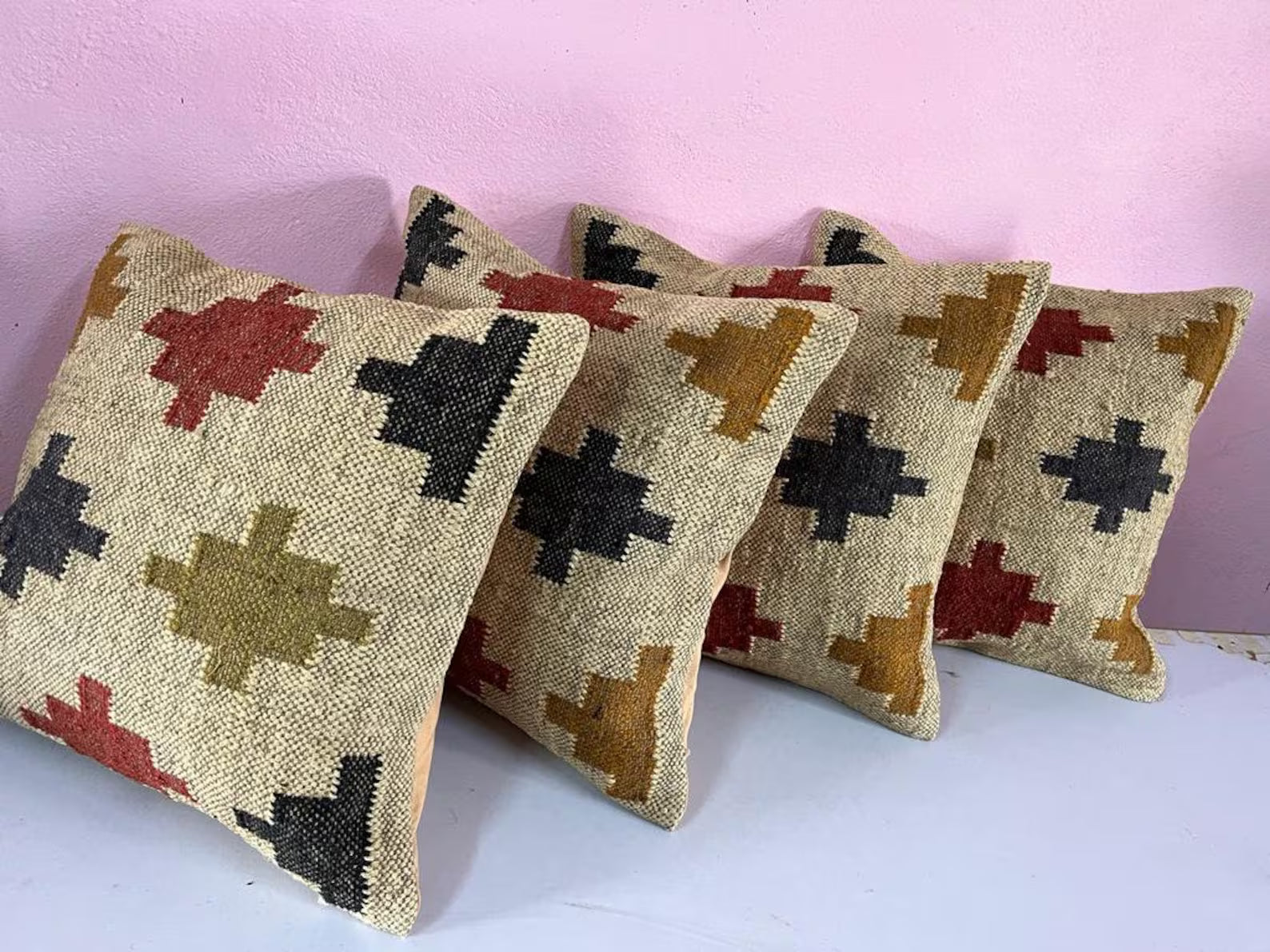 4 Set of Handmade Kilim Cushion Covers | Vintage Bohemian Throw Pillows | Wool & Jute Turkish Pillow Set for Home Decor