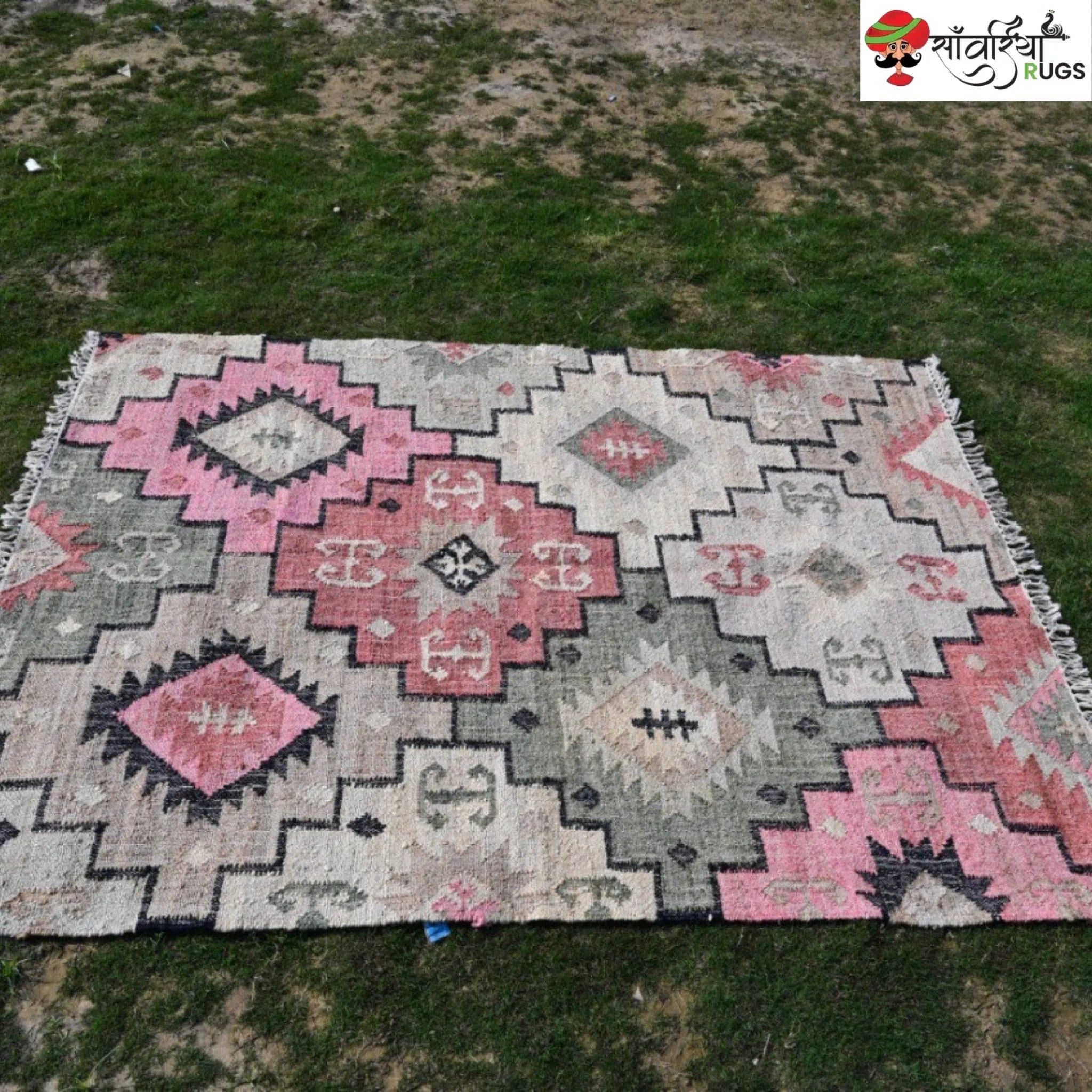 Handwoven Wool Jute Tribal Geometric Dhurrie Rug