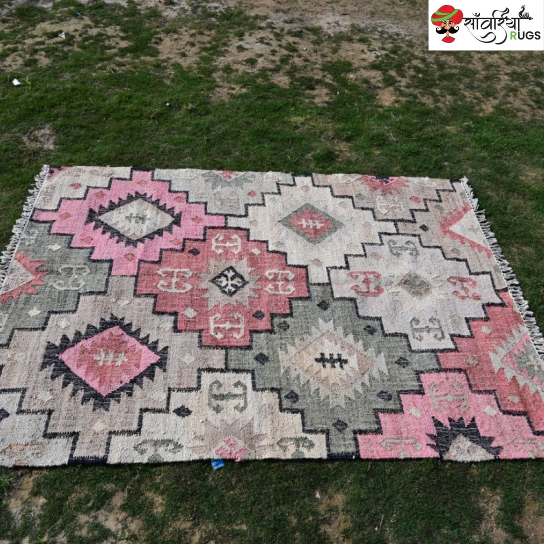Handwoven Wool Jute Tribal Geometric Dhurrie Rug