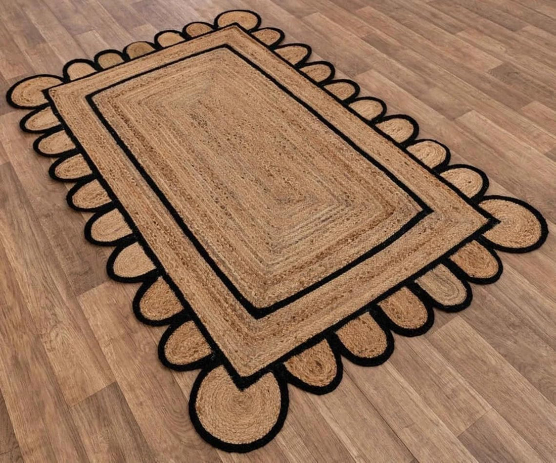 Scalloped Edge Hand Braided Jute Rectangle Rug with Custom Color Border