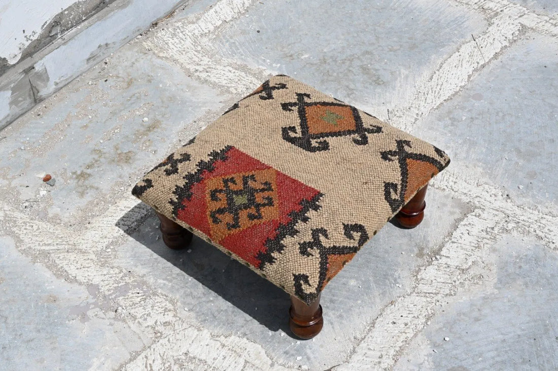 Handmade Southwestern Kilim Ottoman Footstool | Wool Jute Upholstered Tribal Accent Stool with Solid Wooden Legs for Living Room