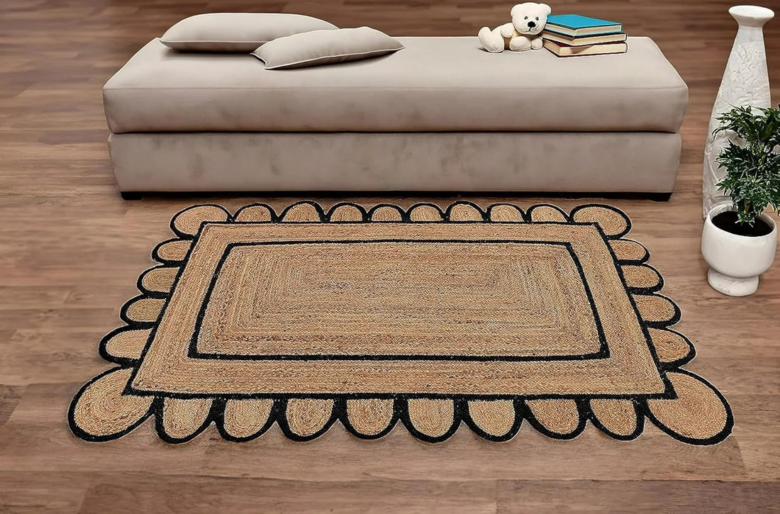 Scalloped Edge Hand Braided Jute Rectangle Rug with Custom Color Border
