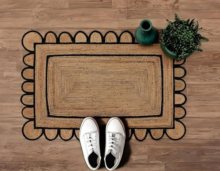 Scalloped Edge Hand Braided Jute Rectangle Rug with Custom Color Border