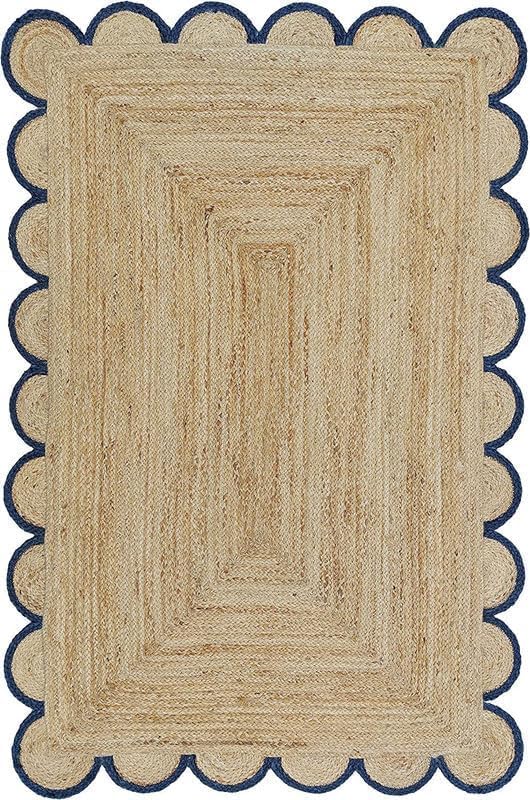 Handwoven Jute Rug – Scalloped Edge Rectangular Braided Decorative Rug