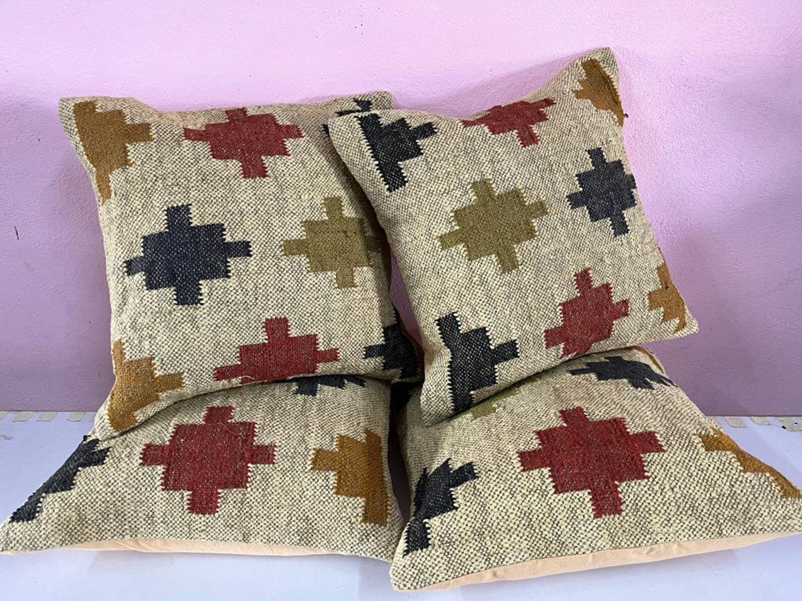 4 Set of Handmade Kilim Cushion Covers | Vintage Bohemian Throw Pillows | Wool & Jute Turkish Pillow Set for Home Decor