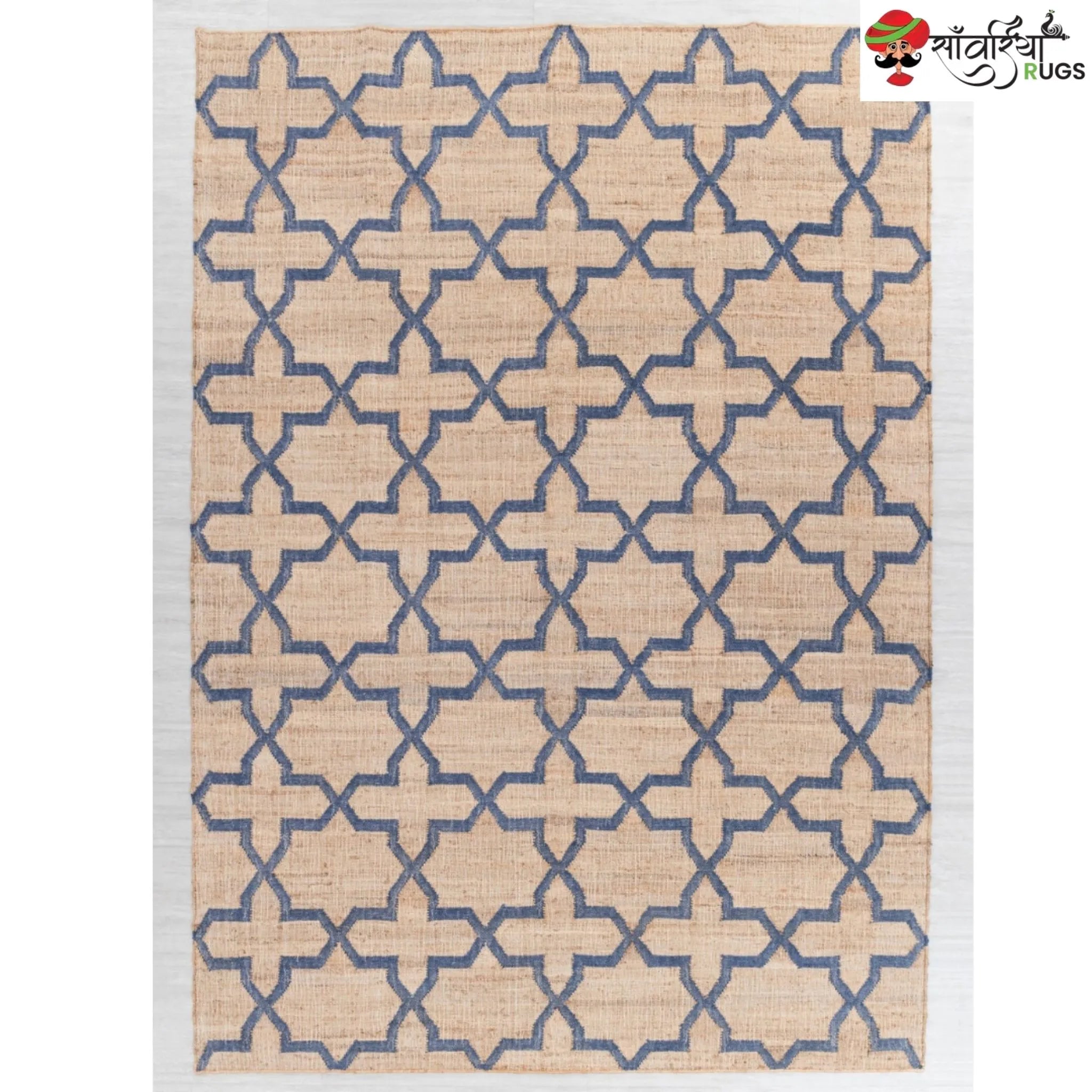 Hand-Knotted Mosaic Jute Rug with Blue Trellis Pattern