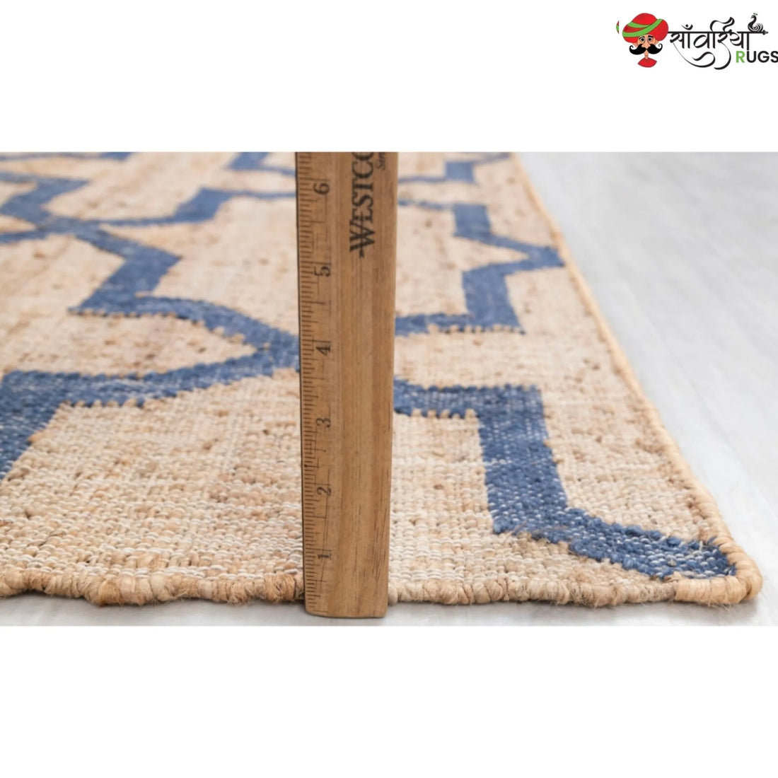 Hand-Knotted Mosaic Jute Rug with Blue Trellis Pattern