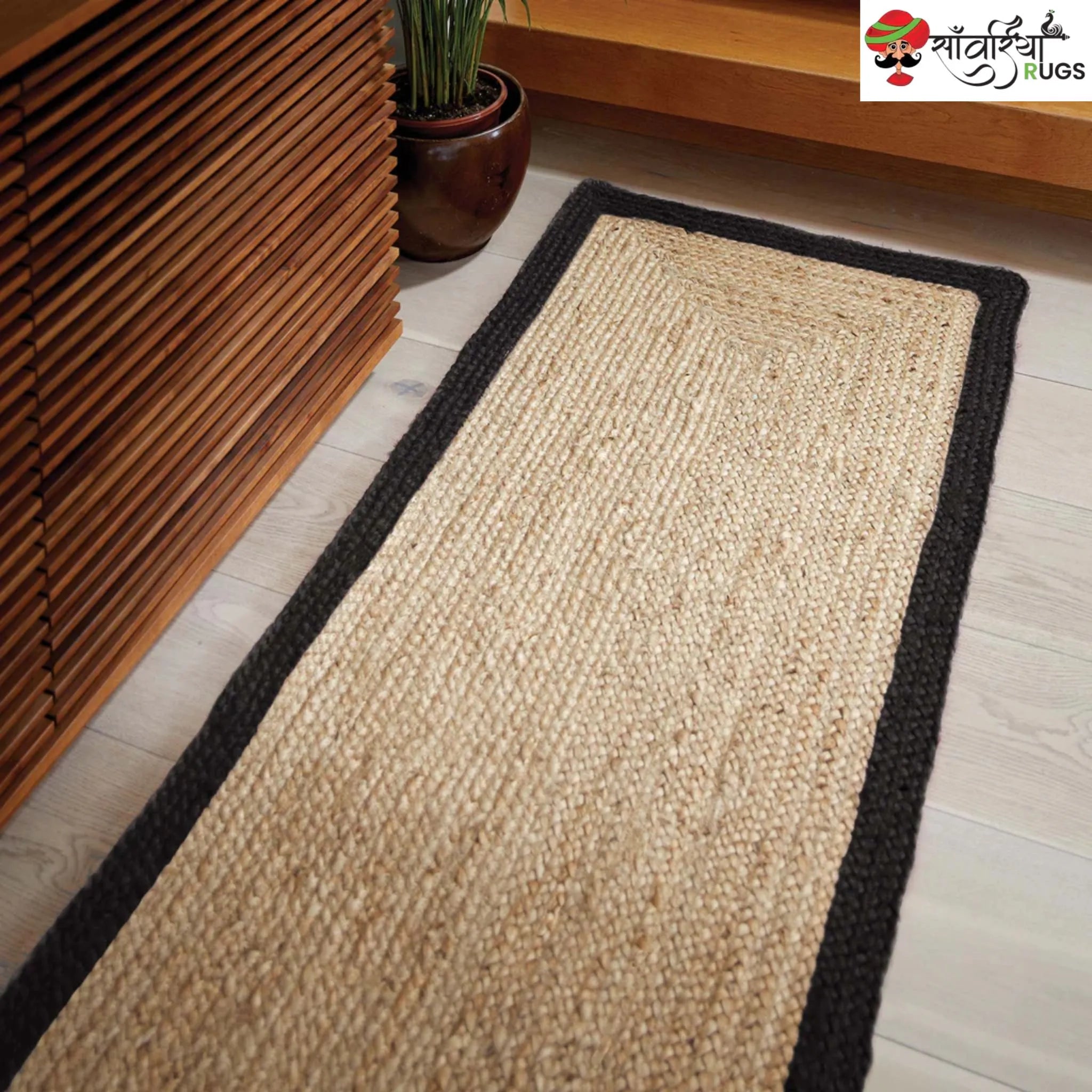Hand-Woven Natural Jute Runner Rug with Multicolor Border