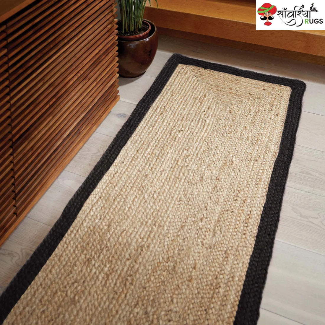 Hand-Woven Natural Jute Runner Rug with Multicolor Border