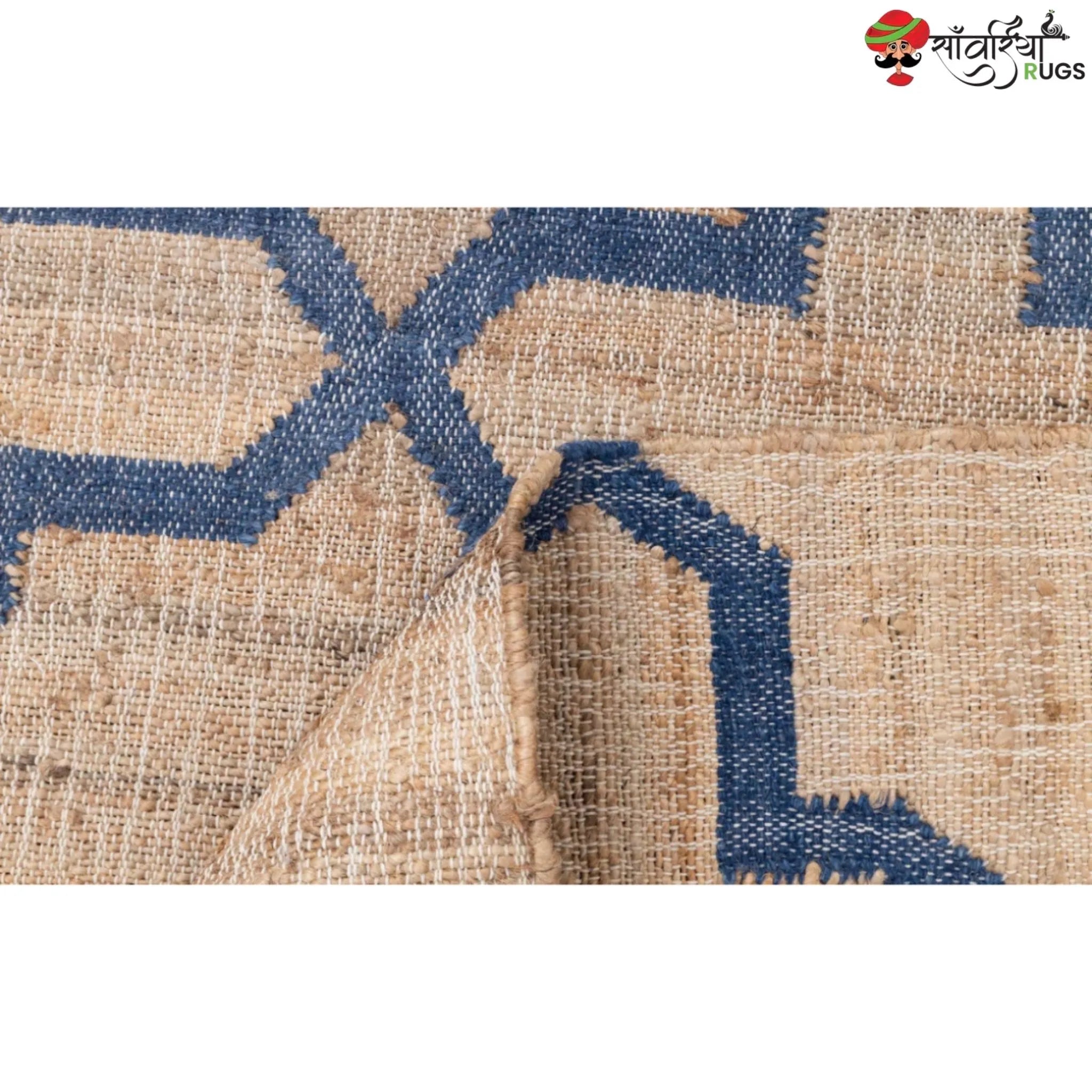 Hand-Knotted Mosaic Jute Rug with Blue Trellis Pattern